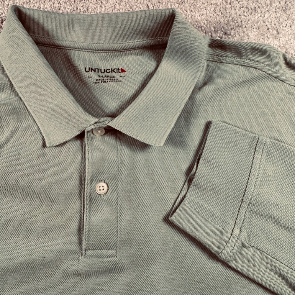 UNTUCKit Mens XL Sage Green 100% Pima Cotton Long Sleeve Pique Polo Shirt